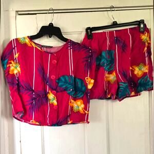 Vintage 80s Tropical Floral Button-Up Top and Shorts Set, Size M